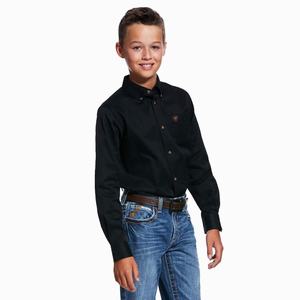 Kids' Ariat Solid Twill Classic Fit Shirts Black | IMRH-65729