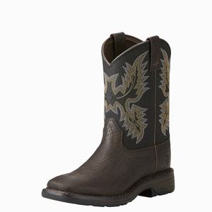 Kids' Ariat WorkHog Wide Square Toe Western Boots Brown | PBDY-15208