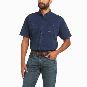 Men's Ariat Rebar Washed Twill Short Sleeve Navy | SNFE-83691