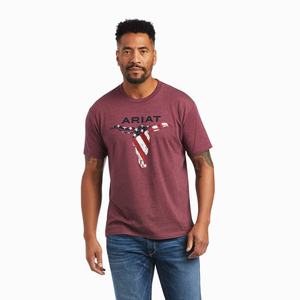 Men's Ariat Steer Skull USA Polo Shirts Burgundy | QODV-46708