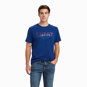 Men's Ariat Varsity Polo Shirts Blue | IHUT-14086