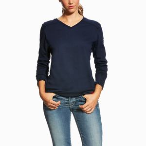 Women's Ariat FR AC Crew Shirts Navy | TZWU-19204