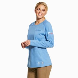 Women's Ariat FR Air Crew Shirts Blue | CHEX-84126