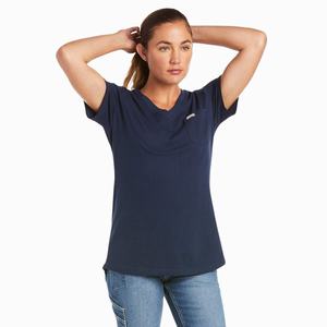 Women's Ariat Rebar Cotton Strong V-Neck Short Sleeve Navy | MFTU-31902
