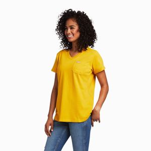 Women's Ariat Rebar Cotton Strong V-Neck Short Sleeve Gold | MQWF-76840