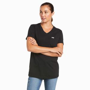 Women's Ariat Rebar Cotton Strong V-Neck Short Sleeve Black | WBNK-17805